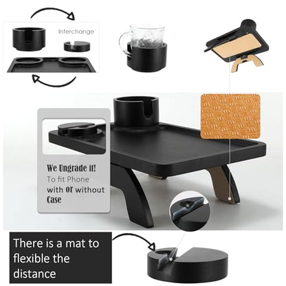 Nnewvante Couch Cup Holder,3 in 1 Large 15.36"x9.85" Bamboo Couch Arm Table Sofa Arm Clip on TV Tray Table with 360°Rotated Phone/Cup Holder, Black - color: Black
