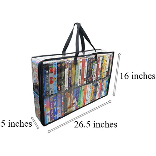 Evelots 2 Pack-VHS Movie Tape Storage Bag/Case, Clear PVC Plastic-Holds 100 Total, Strong Handles-No Dirt/Moisture/Dust - size: 2-Pack (Holds 100), style: Vhs Storage Bag