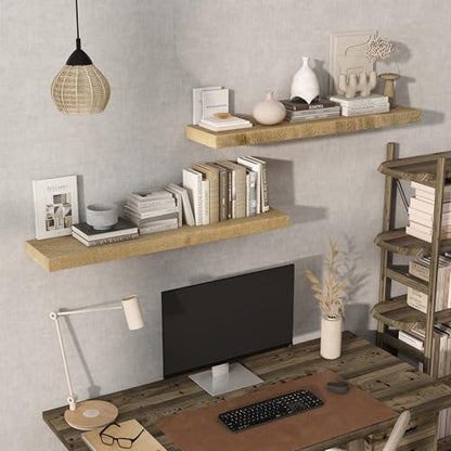 Acovy 40" Unfinished Solid Reclaimed Wood Floating Shelves, Rustic Heavy-Duty Wall Shelves, 8" Deep Floating Shelf for Living Room, Bathroom, Bedroom and Kitchen, Set of 2, Natural - color: Natural, size: 40inches-2P
