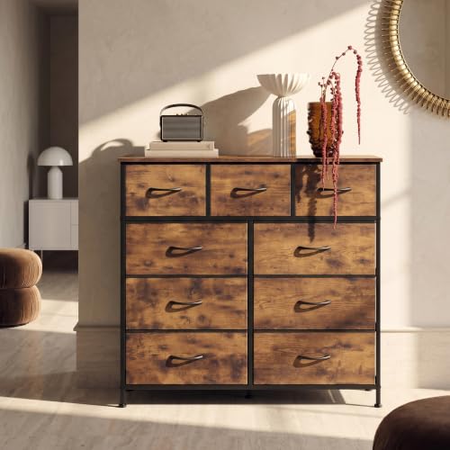 WLIVE 9-Drawer Dresser, Fabric Storage Tower for Bedroom, Hallway, Entryway, Closet, Tall Chest Organizer Unit with Fabric Bins, Steel Frame, Wood Top, Easy Pull Handle, Rustic Brown Wood Grain Print - color: Rustic Brown Wood Grain Print