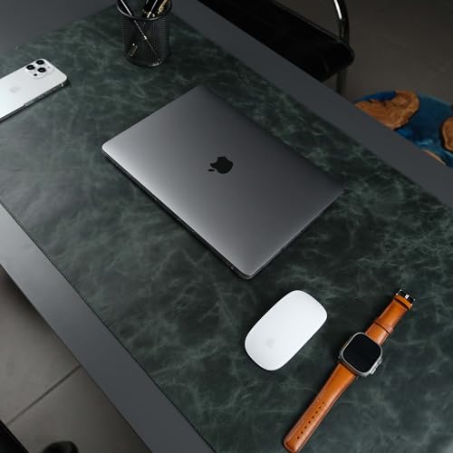 Jersey Genuine Calfskin Leather Desk Pad, Office Desk Mat with Non-Slip Bottom, Smooth Surface for Mouse & Keyboard, Desk Protector (36x19 inches) (Dark Green) - color: Dark Green