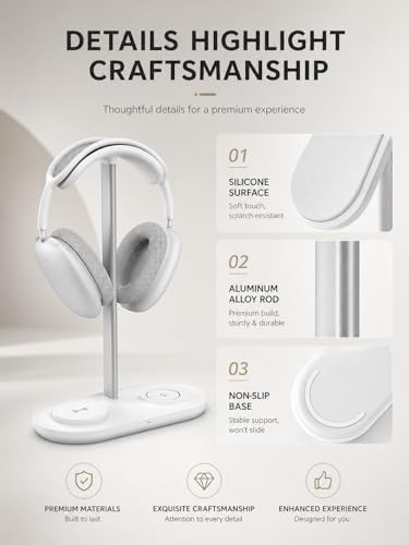 Airpod Max Charger Stand with 15W Wireless Charger, 4 in 1 Headphone Stand | Headset Holder for AirPods Max 2/Pro/iWatch/Vision Pro, Charging for iPhone 17/16/15/14/13/12/11/X, Aluminum Alloy Rod, White - color: Cream White