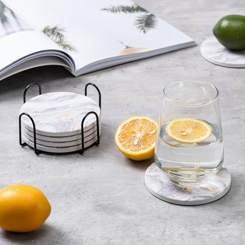Hoewina 6Pcs Drink Coasters with Holder, Marble Style Ceramic Drink Coaster, Absorbent Coasters Set Suitable for Kinds of Cups, Modern Style Coasters for Coffee Table, 4 Inches（Style 8） - color: Style 8