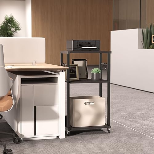 YMYNY Mobile Printer Stand, 3-Tier Printer Cart with Adjustable Storage Shelf and 6 S-Hooks, Tall Printer Table for Home Office, for Computer Tower Stand, Shredder, CPU Stand, Black, UHPT002B - color: Black-3 Tiers