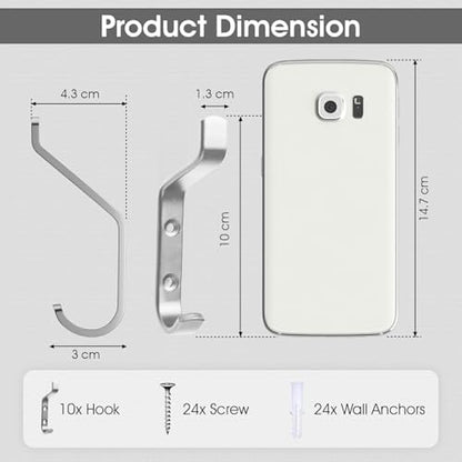 GlazieVault Coat Hook– Door Hook (10 Pack) - Heavy Duty Wall Mounted - Premium Design Rust Free Hooks - style: Flat Hooks Silver P-10
