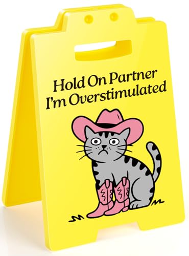 Funny Cowboy Cat Desk Sign - Hold On Partner I'm Overstimulated - Cute Office Decor for Cat Lovers, Introvert Humor, Social Anxiety Gag Gifts for Women, Coworkers - style: Funny Cat
