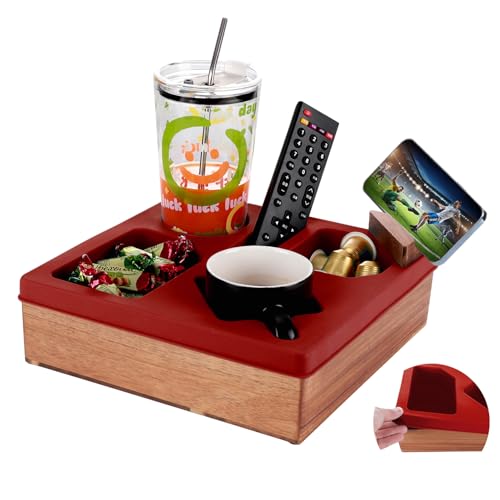 Couch Cup Holder Tray, Silicone Wooden Couch Caddy with Cup Holder for Snacks, Drinks, Remotes, Waterproof Cup Holder for Couch, Organizer, Couch Drink Holder, (red) - color: F-red