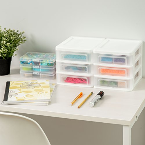 IRIS USA Plastic Stacking Desk Top 3-Drawer Storage Organizer, 2-Pack, for Makeup Vanity Nail Polish Bathroom Stationery Art Craft Supplies Kitchen Office Garage and Small Organization, Small, White - color: White, style: Small - 2 Pack