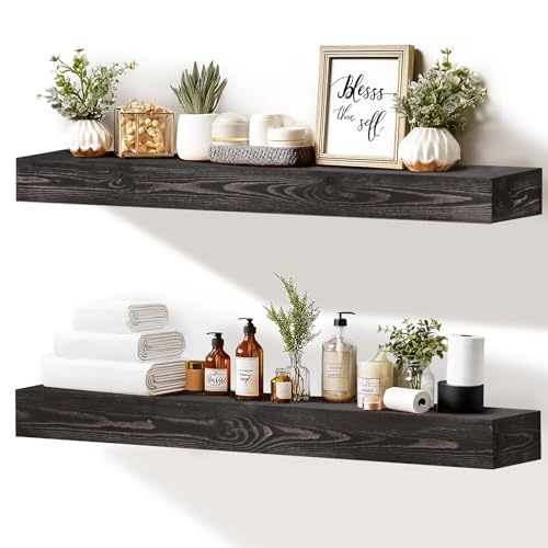 36x3x7 inch Floating Shelves Wall Mounted - Set of 2 Black Rustic Solid Wood Wall Shelf - Heavy Duty Decorative Fireplace Mantel for Living Room, Bedroom, Bathroom, Kitchen - color: Black, size: 36x3x7-hollow-2pack