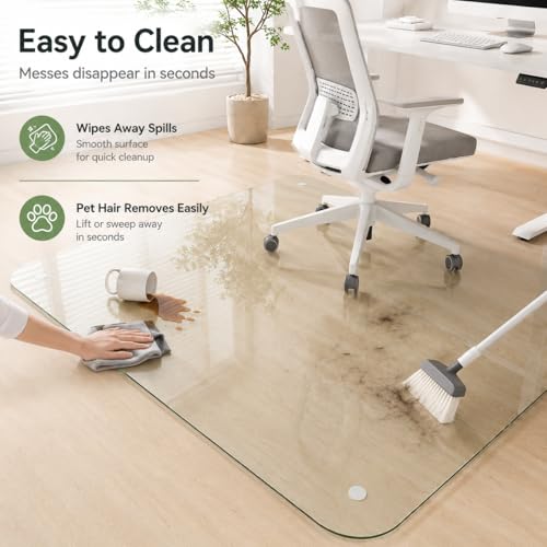 40 x 48 Inch Glass Chair Mat, 1/5 Inch Thick Tempered Glass Office Chair Mat for Carpet and Hardwood Floors, Heavy Duty Clear Computer Desk Floor Protector with 4 Anti-Slip Pads - size: 48" x 40"