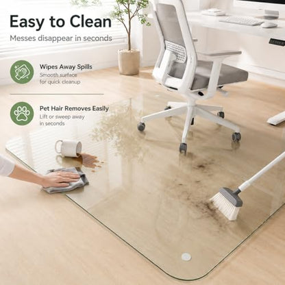 40 x 48 Inch Glass Chair Mat, 1/5 Inch Thick Tempered Glass Office Chair Mat for Carpet and Hardwood Floors, Heavy Duty Clear Computer Desk Floor Protector with 4 Anti-Slip Pads - size: 48" x 40"