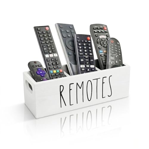 Remote Control Holder, Farmhouse Remote Storage Caddy, Bedside TV Controller Box, Rustic Wood Media Organizer Tray for Home Bedroom Table (White) - color: White