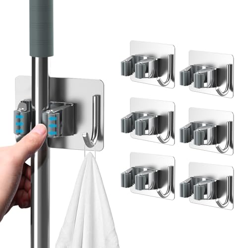homeasy Mop Broom Holder No Drill, Mop Broom Organizer Wall Mounted Heavy Duty with Hooks Hanger, Self Adhesive Stainless Steel 6Pcs for Bathroom, Kitchen, Office (Silver) - color: Silver