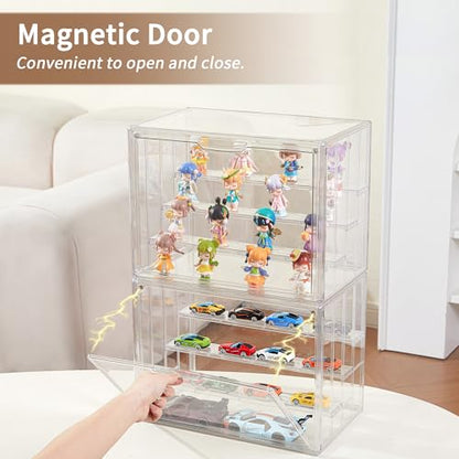 Display Case for Collectibles 4 Layer Updated Adjustable Acrylic Display Case with Magnetic Door Clear Stackable Display Box Hobby Display Cases for Figures, 2 Pack - size: XL 2Pack-4tier