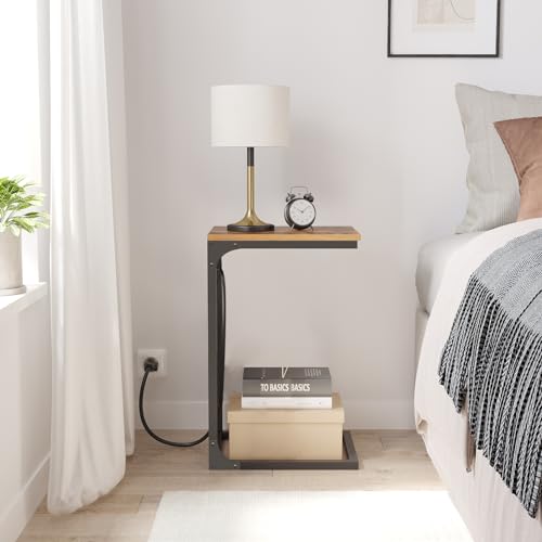 TUTOTAK C Shaped End Table with Charging Station, Side Table for Sofa, Couch with Storage Bag, Set of 2, TV Tray with 2 USB Ports and Outlets for Living Room, Bedroom, Brown TB01BB0242 - color: Brown, size: 2 Pack (11.8"W), style: With Plug