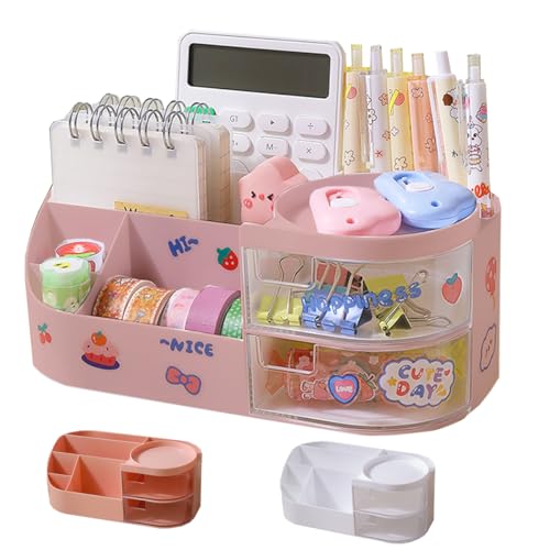 Kawaii Stationery Storage Box Makeup Organizer with 2 Drawers, Kawaii Pen Organizer with Stickers DIY Fun, Desk Organizers and Accessories with 5 Compartments for Teen Girls Office Art Supplie - color: Pink, size: Large