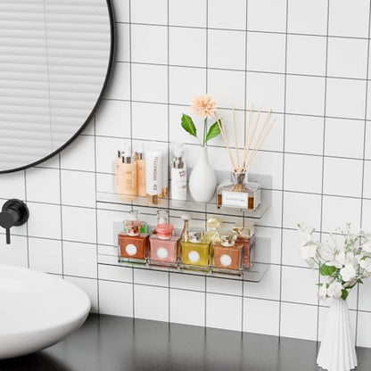 4 Pack Clear Acrylic Shelves for Wall with Adhesive,15 Inch No Drill Floating Shelves for Bathroom,Bedroom,Renter Friendly,Kids Room Bookshelf,Wall Display Shelf for Lego,Funko Pop,Figurine,Perfume - size: 15 Inch - 4 Pack