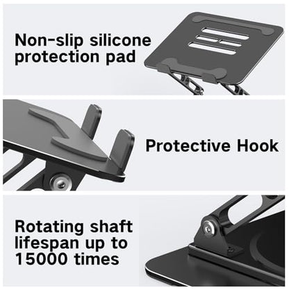 Adjustable Laptop Stand for Desk with 360 Rotating Base, Metal Foldable Laptop Riser Holder, Portable Desktop Book Stands, Ventilated Cooling Computer Notebook Stand Compatible with 10-15.6” Laptops - color: Dark Black-360°