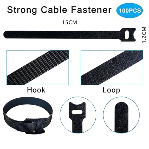 100pcs Reusable Cable Ties - Hook and Loop Cable Straps for Wire Management - 6 Inch Adjustable Cord Organizer & Wire Ties for Electronics, PC, Home Office & Garden - Black Fastening Wraps - style: 6 Inch 100PCS reusable