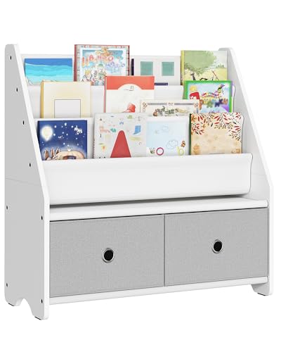 CHOEZON Kids Bookshelf and Toy Storage, 4 Tier Large Capacity Kids Book Rack, Sling Kid Bookcase, for Kids Room, Nursery, Playroom, White and Gray MCW06WT