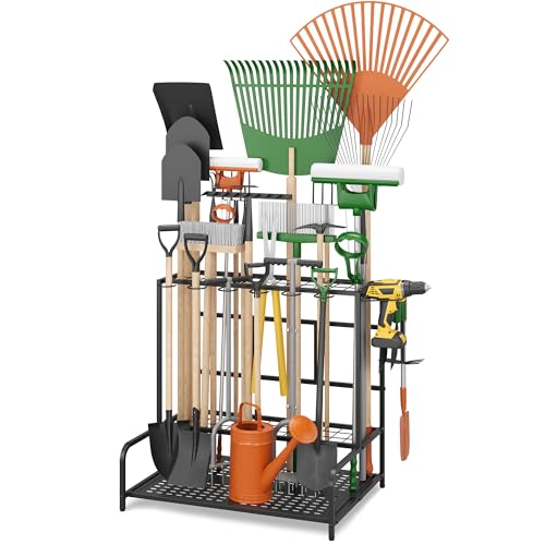 Sttoraboks Garden Tool Organizer Rack Up to 39 Tools, Heavy-Duty Steel Yard Tool Organizer for Garage Storage with 12 Hooks, Broom Holder & Garden Tool Rack for Shed, Patio, Outdoor Storage, Black - style: Rack With Accessories – No Wheels