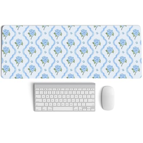 Light Blue Hydrangea Floral Large Mouse Pad,Summer Preppy Cottagecore Desk Mat,Aesthetic Blue and White Flower Botanical Mousepad,for Home Office Dorm Desktop Decor,31.5x11.8 Inch - color: Floral hydrangea XL