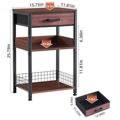 Lerliuo Walnut Printer Stand with Fabric Drawer, 3 Tier Industrial Side Table, Modern Small Printer Desk Holder with Storage Shelf,Multi-Functional Bedside Tables for Home Office Fax Machine Scanner - color: Walnut