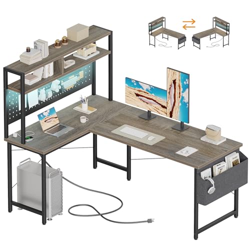 Mericonia 51 inch Large L Shaped Desk with Pegboard Hutch & Shelves, Corner Gaming Desk with Power Outlet, LED Light & Storage Bag, Reversible Computer Desk for Home, Bedroom, Office Workspace, Grey - color: Grey, size: 50 inch