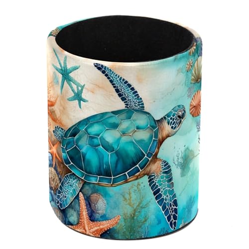 Ocean Turtles and Starfish Pen Holder Pencil Organizer for Desk, 3.1”x 3.1”x3.9” Pencil Cup Office Supplies, Large Capacity Cute Pen and Makeup Brush Holder for School, Desktop - color: Ocean Turtles and starfish
