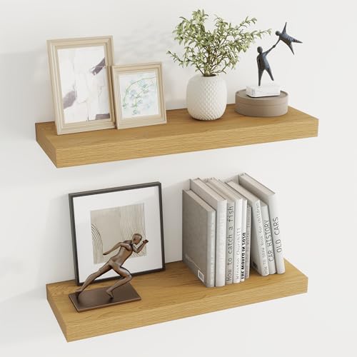 Dreamland 24 Inches Floating Shelves for Wall, 6.7 Inch Deep Floating Shelves Set of 2, Large Display & Storage Shelf, Wall Shelf for Bathroom Bedroom Living Room Kitchen Office,Oak - color: Oak, size: 24"W x 6.7"D, Set of 2