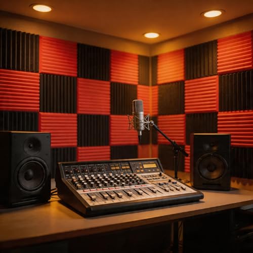 52 Pack Black/red 12 "X 12 "X1" Acoustic Panels Studio Soundproofing Foam(Accompanied By Double-Sided Adhesive Tape) - color: Black/red
