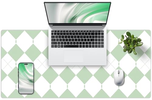Checkered Desk Mat with PU Leather, 35.4" x 15.7" Non-Slip Large Mouse Pad for Desk, Easy Clean Desk Mat for Keyboard and Mouse, Leather Desk Pad for Office/Home/Decor (Light Green) - color: Green Checkered
