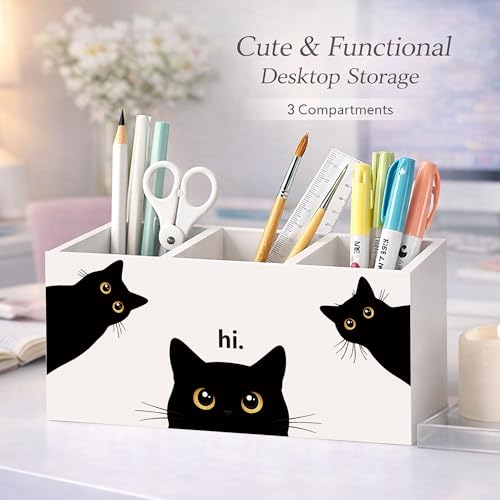 Black Cat Peeking Wooden Desk Organizer | Cute peeking black cat desk decor with 3 compartments; wooden pen holder for office supplies, home desk, or cat lover gift. - color: Black Cat Hello