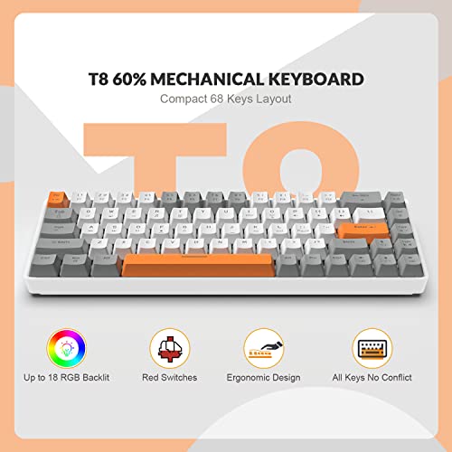 ZIYOU LANG RK-T8 Wired 65% Mechanical Gaming Keyboard with RGB LED Backlit Anti-ghosting TKL Mini 68 Key Custom Coiled C to A Cable Linear Red Switch for PS4 PS5 Xbox PC Mac Gamer(Gray/White/Orange) - color: Gray White Orange, size: 65% Keyboard