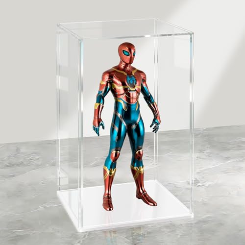 LANSCOERY Acrylic Display Case, 4.7x4.7x7 in, Upgraded Thickened UV-Resistant Showcase, 98% Clarity Dustproof Box with Glossy White Base for Action Figures, LEGO & Models, Scraper & LED Light - color: White, size: 4.7x4.7x7inch; 12x12x18cm