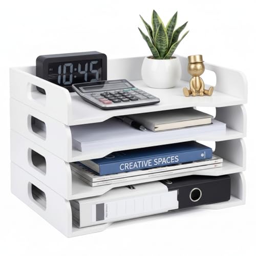 Yinkin Wooden Stackable Paper Trays 4-Tier Wooden Paper Organizer for Desk Letter Documents Woodens Desktop File Organizers for Desktop File Holder and Office Supplies Rack for Home Office Use(White) - color: White