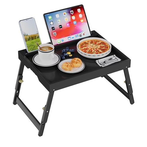 Artmeer Bed Tray Table with Folding Legs, Bamboo Breakfast Food Tray with Media Slot, Use As Platter, Laptop Desk, Snack, TV Tray Kitchen Serving Tray (Black Large Adjustable Legs) - color: Black, size: Large Adjustable