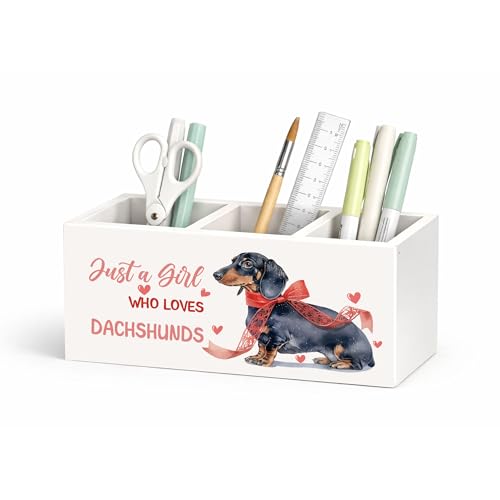 Dachshund Wooden Desk Organizer Pen Holder | Cute dachshund desk decor with 3 compartments; wooden pen holder for office, home desk storage, or dog lover gift. - color: Dachshund Girl