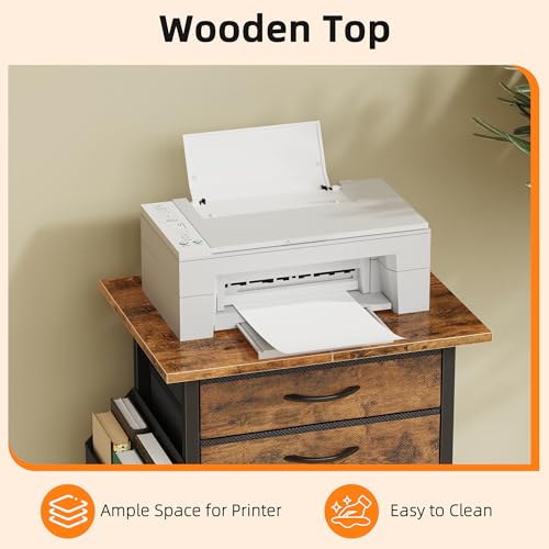 HIGDBFE 5 Fabric Drawers File Cabinet with Side Pocket, Rolling Printer Stand with Storage for Home Office, Wood Top Storage Cabinet Office Storage for Documents and Crafts, Rustic Brown, 15" D - size: 15"D (5 Drawers)