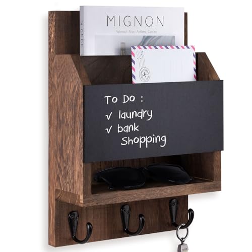 Key and Mail Holder for Wall, Key Holder with Chalkboard and Long Storage Box, Key Hanger with 3 Sturdy Hooks for Coat, Dog Leash, Entryway Mail Organizer (Brown) - color: Brown