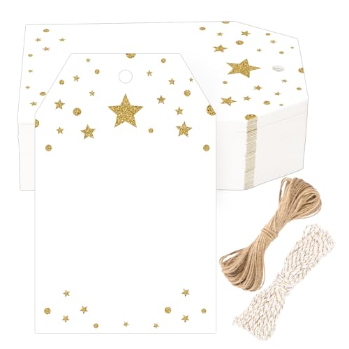 G2PLUS Gold Gift Tags with String, 100PCS Foil Gold Stars Blank Gift Tags, White Paper Hanging Labels Name Tag with Stars Design for Present Wrapping, Birthday, Wedding, Christmas Party Favors - style: Gold Star
