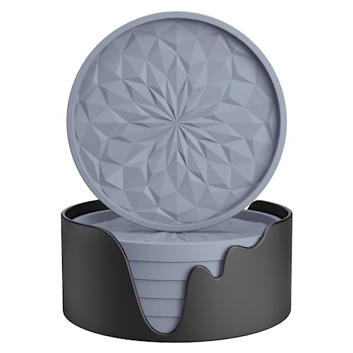 ME.FAN Silicone Coasters with Holder,[6 Pack] Drinking Coasters - Cup Mat for Hot or Cold Drinks, Thickened, Non-Slip, Non-stick,Deep Tray Light Grey - color: Light Grey