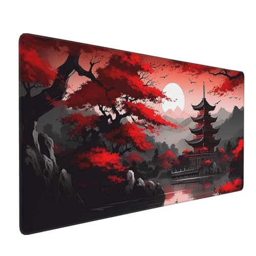 Large Gaming Mouse Pad, Red Japanese Pagoda Design with Cherry Blossoms, 35.4x15.7 Inches, Non-Slip Rubber Base, Stitched Edges, Desk Mat for Gaming and Office - color: Red Tower