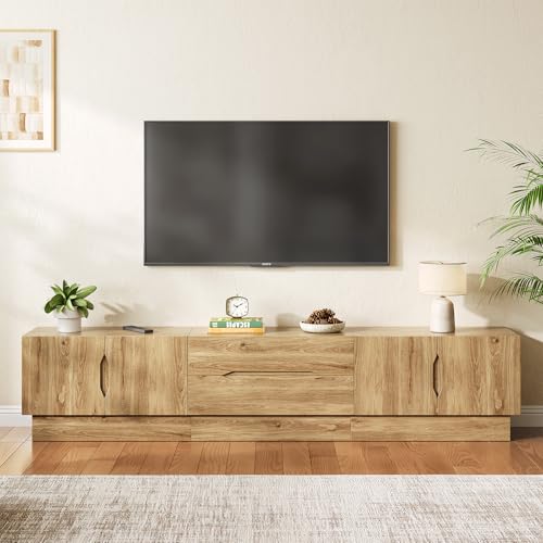 94.5" Wide Modern TV Stands for Living Room, Entertainment Center with Storage Cabinets and Drawers,Wooden TV Console with Fluted Handle,Media Console for Bedroom, Dining Room, Natural - color: Natural, size: 94.5"