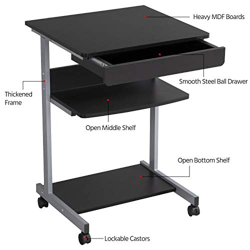 Yaheetech Mobile Computer Desk Cart, Small Rolling Laptop Desk PC Table Workstation with Drawer and Printer Shelf, Writing Desk Table for Small Space/Home Office - color: Black