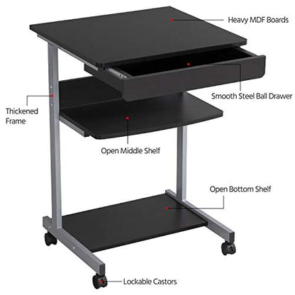 Yaheetech Mobile Computer Desk Cart, Small Rolling Laptop Desk PC Table Workstation with Drawer and Printer Shelf, Writing Desk Table for Small Space/Home Office - color: Black