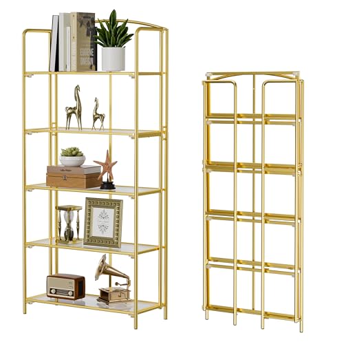 Crofy 5-Tier Wider Foldable Bookshelf, Gold Frame & Transparent Shelves | Collapsible Portable Storage Organizer; Sturdy Transparent Shelves; Ideal for Living Room & Home Office - color: Gold Frame & Transparent Shelf, size: 5 Tier Wider