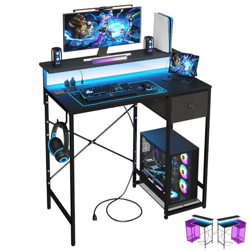 X-cosrack 33.5" Small Gaming Desk with LED Lights & Long Monitor Stand, Compact Computer Desk with Power Outlets & CPU Stand, Gamer Table with Storage Drawer for Home Office, Bedroom Corner, Black - size: 33.5" Black with Long Monitor Stand