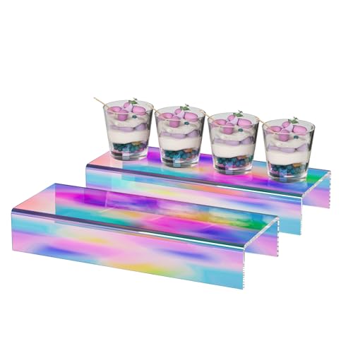 Sezanrpt Acrylic Shelf Riser 12x4.3x2 pack of 2, Iridescent Display Shelf 12” for Shoes, Glasses, Plants, Home Decors, Perfume, 12x4.3x2 Inch - color: Iridescent, size: 12x4.3x2 Inch