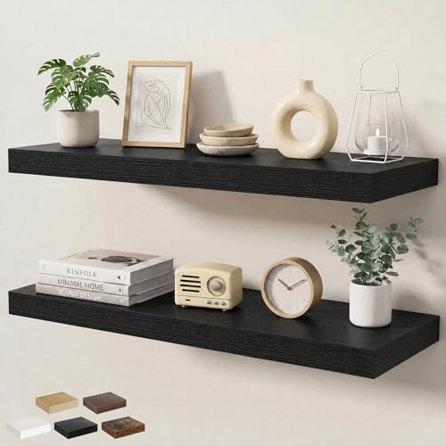 Floating Shelves for Wall 36 in x 9.3 in Deep, Wall Mounted Rustic Wood Shelf with Invisible Brackets for Storage & Display, Living Room Bedroom Bathroom, Black, 2 Pack - color: Black, size: 36 Inch, 2 pack